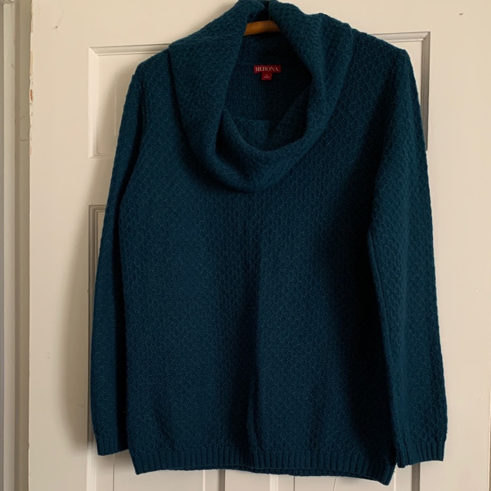 Merona brand cowl neck sweater in teal color 
Size Large 
Nice, lighter-weight